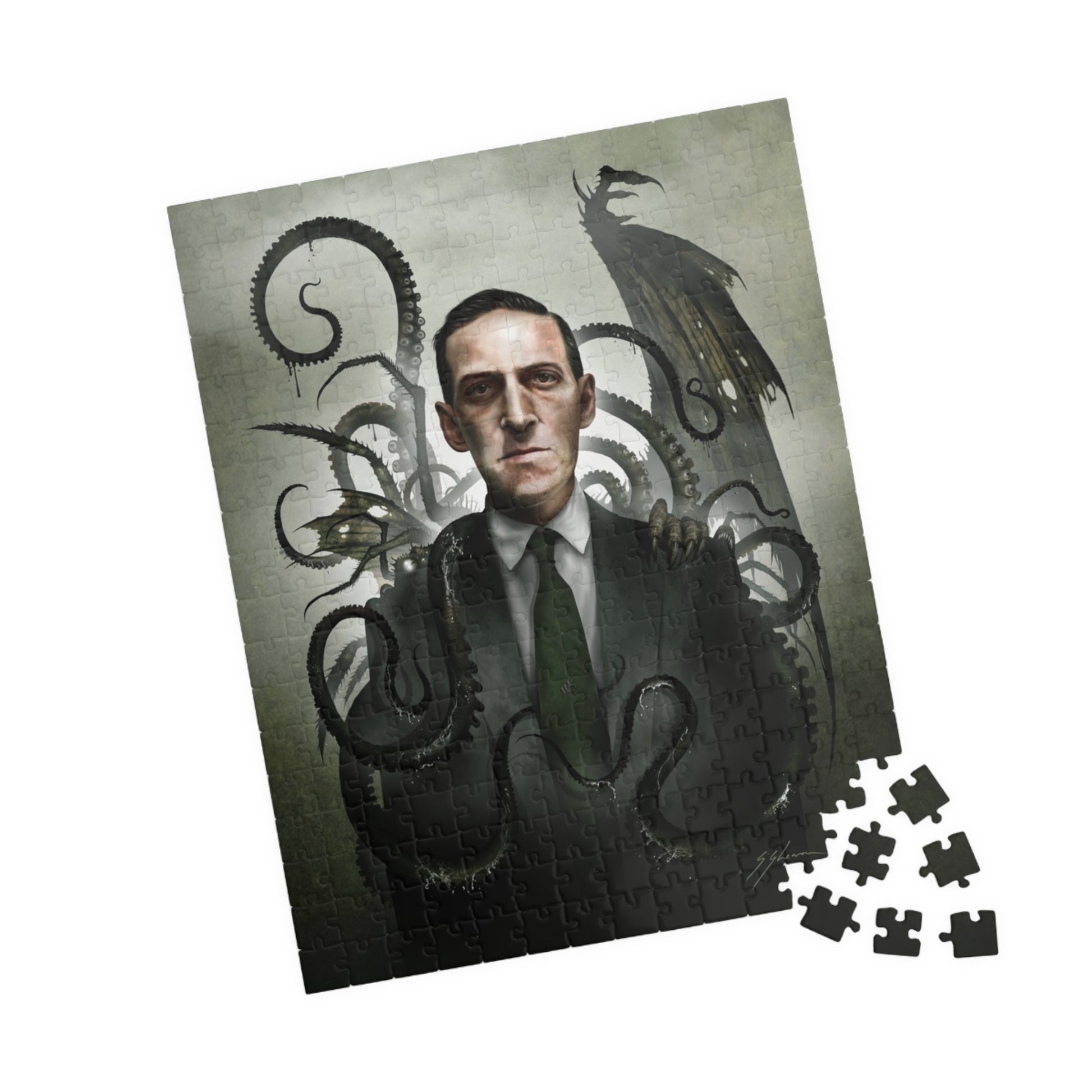H.P. Lovecraft jigsaw puzzle by Mister Sam Shearon — Cthulhu cosmic horror gothic dark art, eldritch horror, human-made, non-AI. 