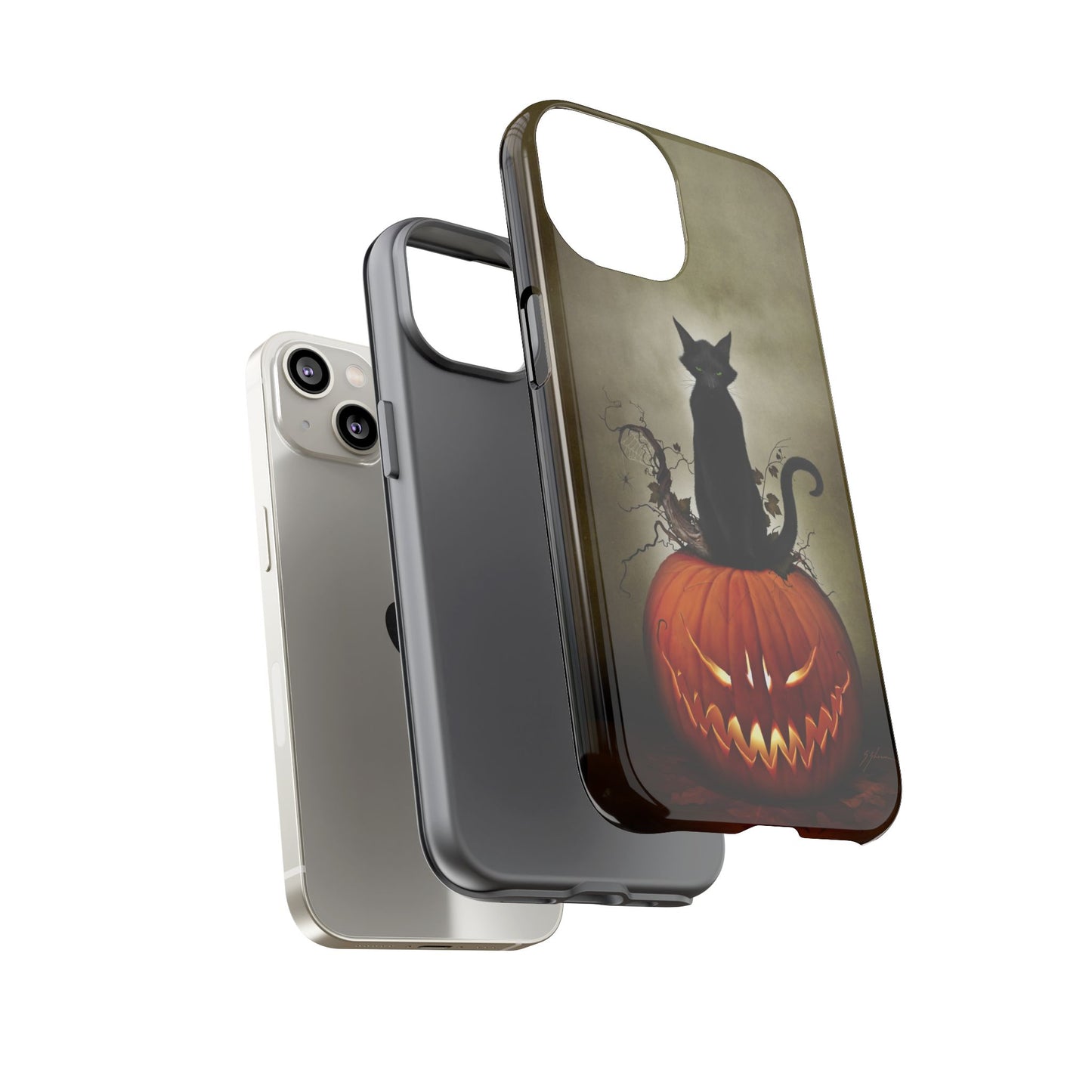 Exploded diagram of Cat O' Lantern tough phone case showing how dual-layer case fits the phone
