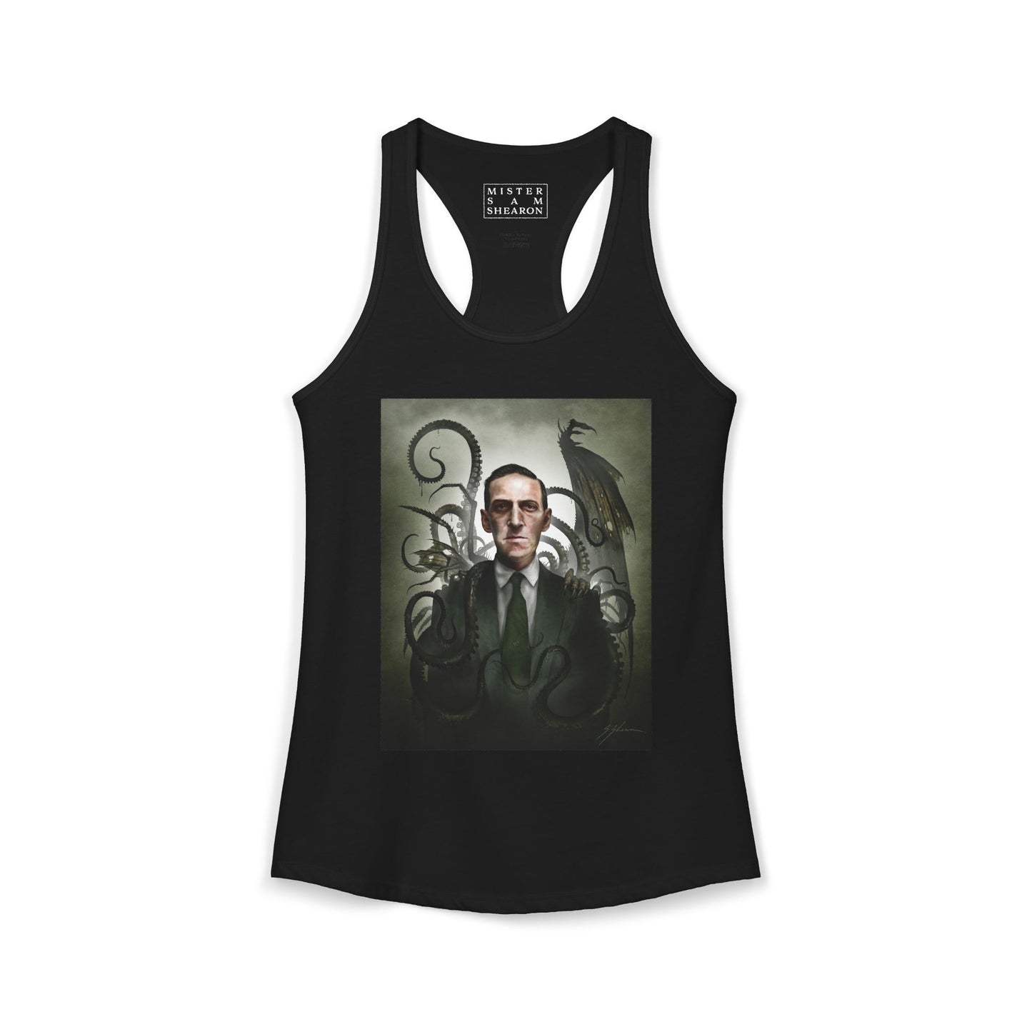 H.P. Lovecraft women's racerback tank — original cosmic horror dark art portrait by Mister Sam Shearon