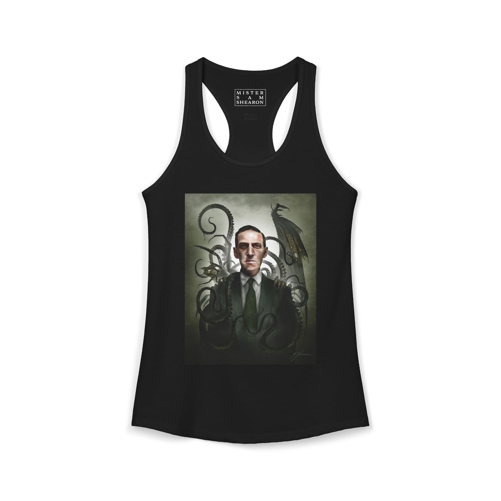 H.P. Lovecraft women's racerback tank — original cosmic horror dark art portrait by Mister Sam Shearon