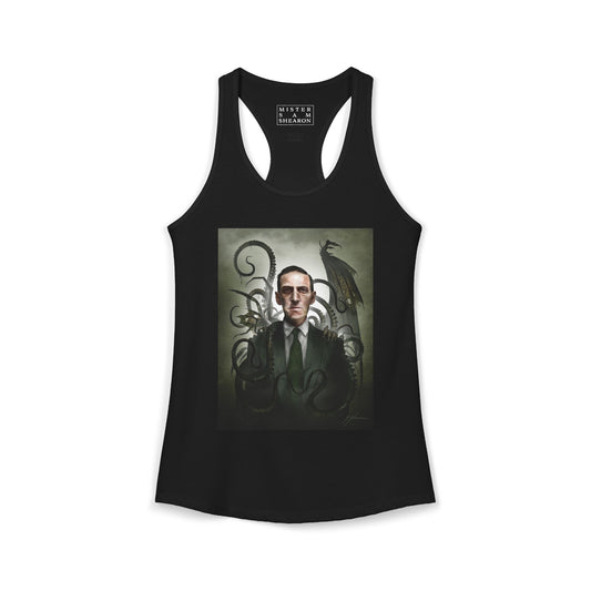 H.P. Lovecraft women's racerback tank — original cosmic horror dark art portrait by Mister Sam Shearon