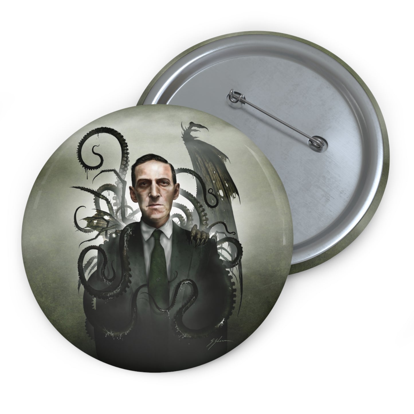 H.P. Lovecraft pin button set — Mister Sam Shearon cosmic horror dark art, three sizes