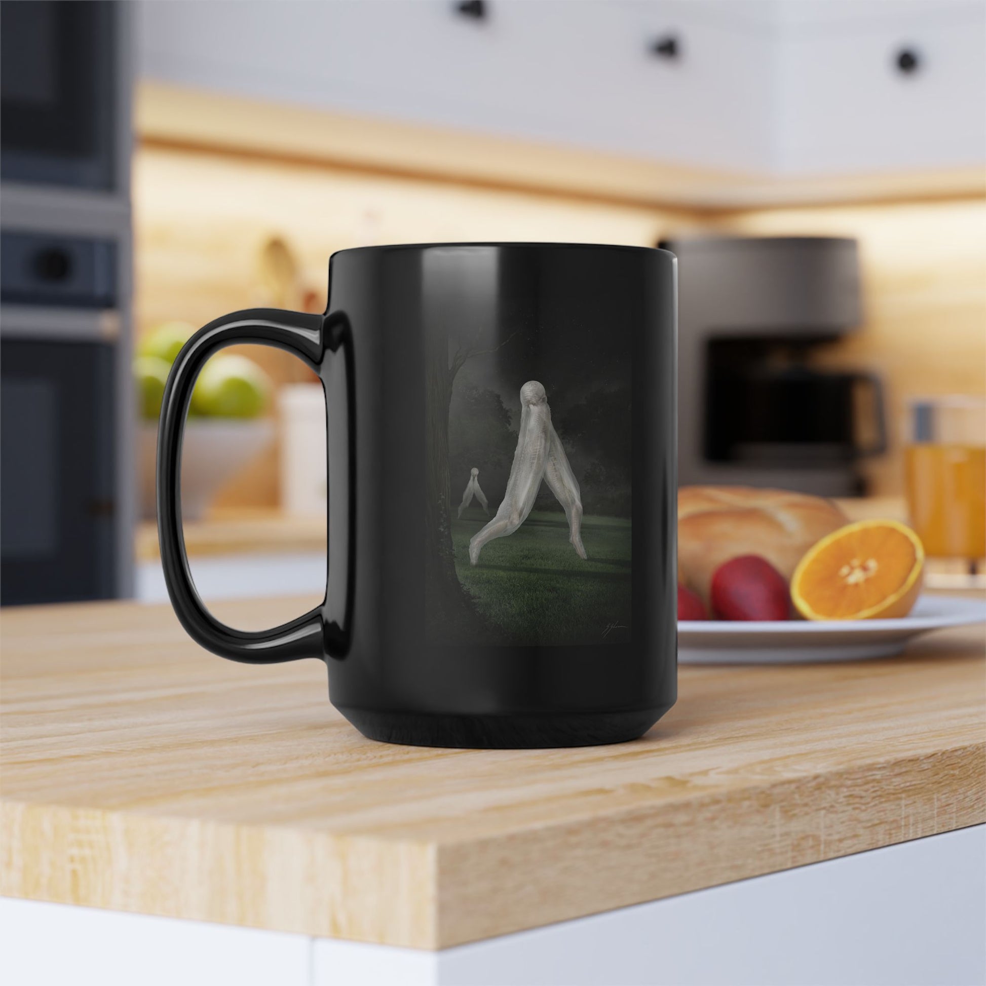 Nightcrawler black coffee mug by Mister Sam Shearon — dark art, cryptid, creepypasta, paranormal, horror, human-made, non-AI