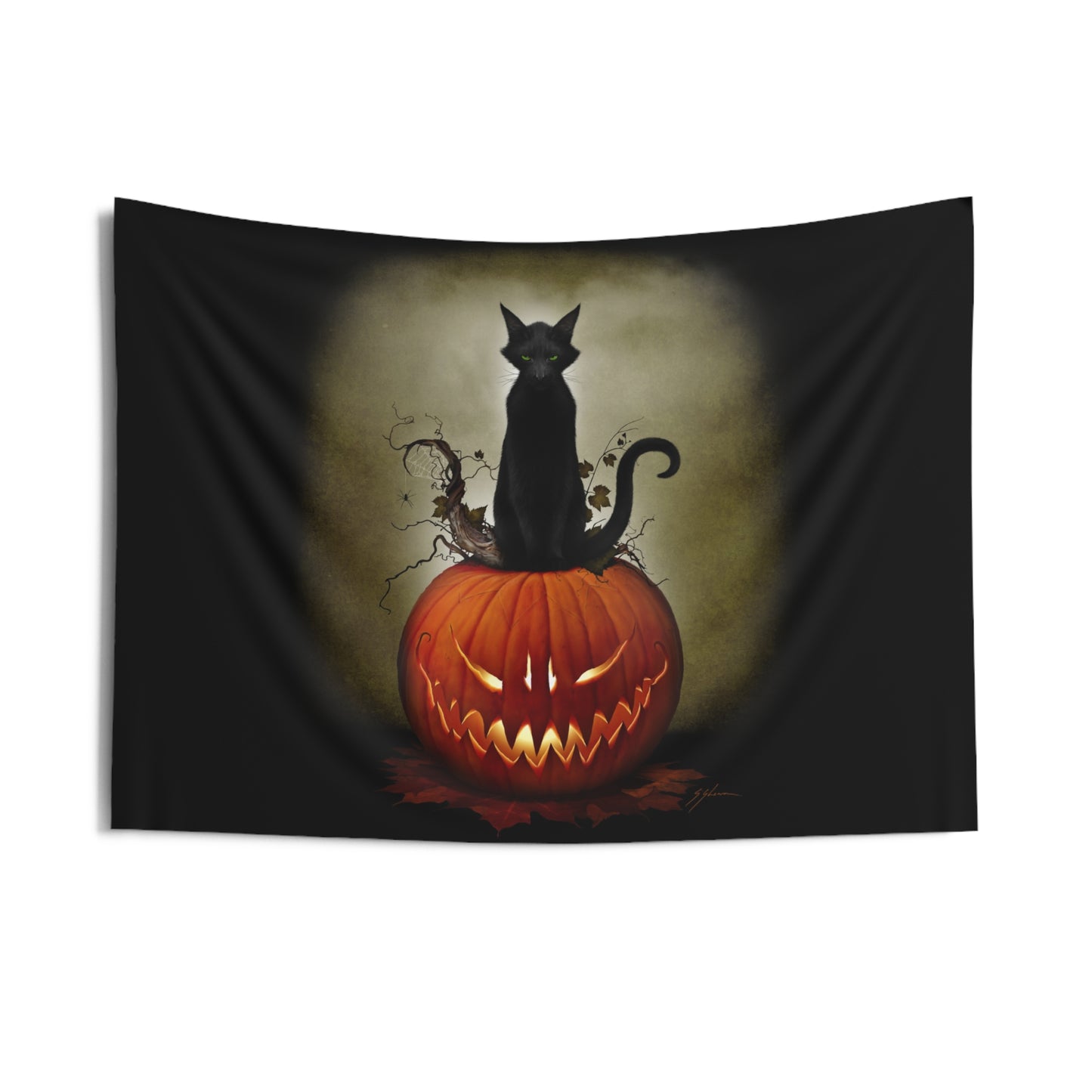 Cat O' Lantern wall tapestry — Mister Sam Shearon Halloween art, gothic home decor