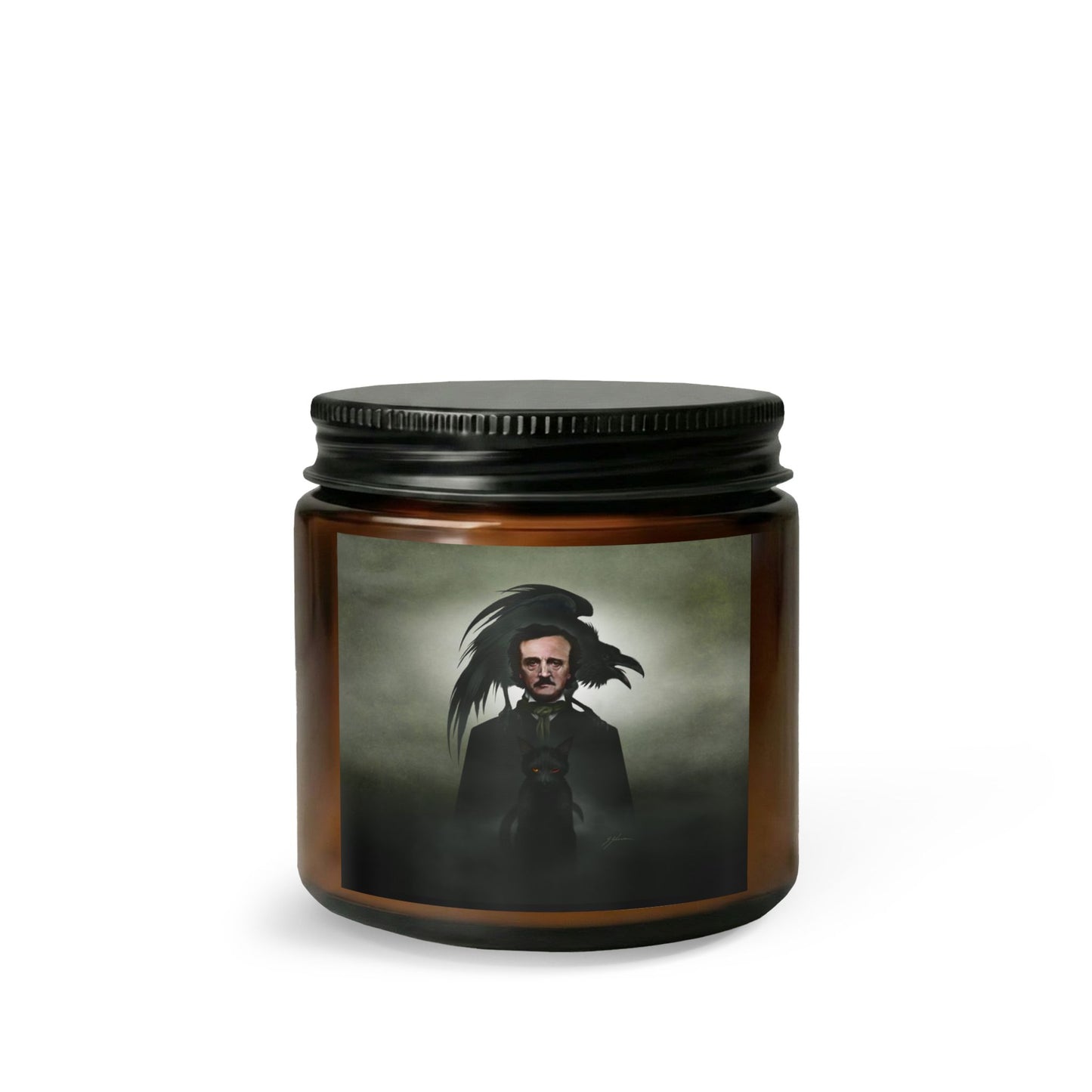 Edgar Allan Poe amber jar candle — gothic horror art by Mister Sam Shearon, 4oz and 9oz sizes