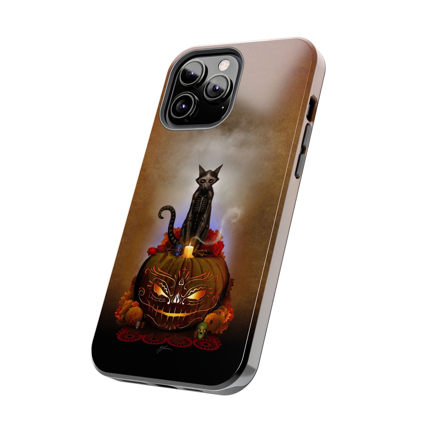 Día De Los Meowtos phone case back view — glossy finish dark art collectible