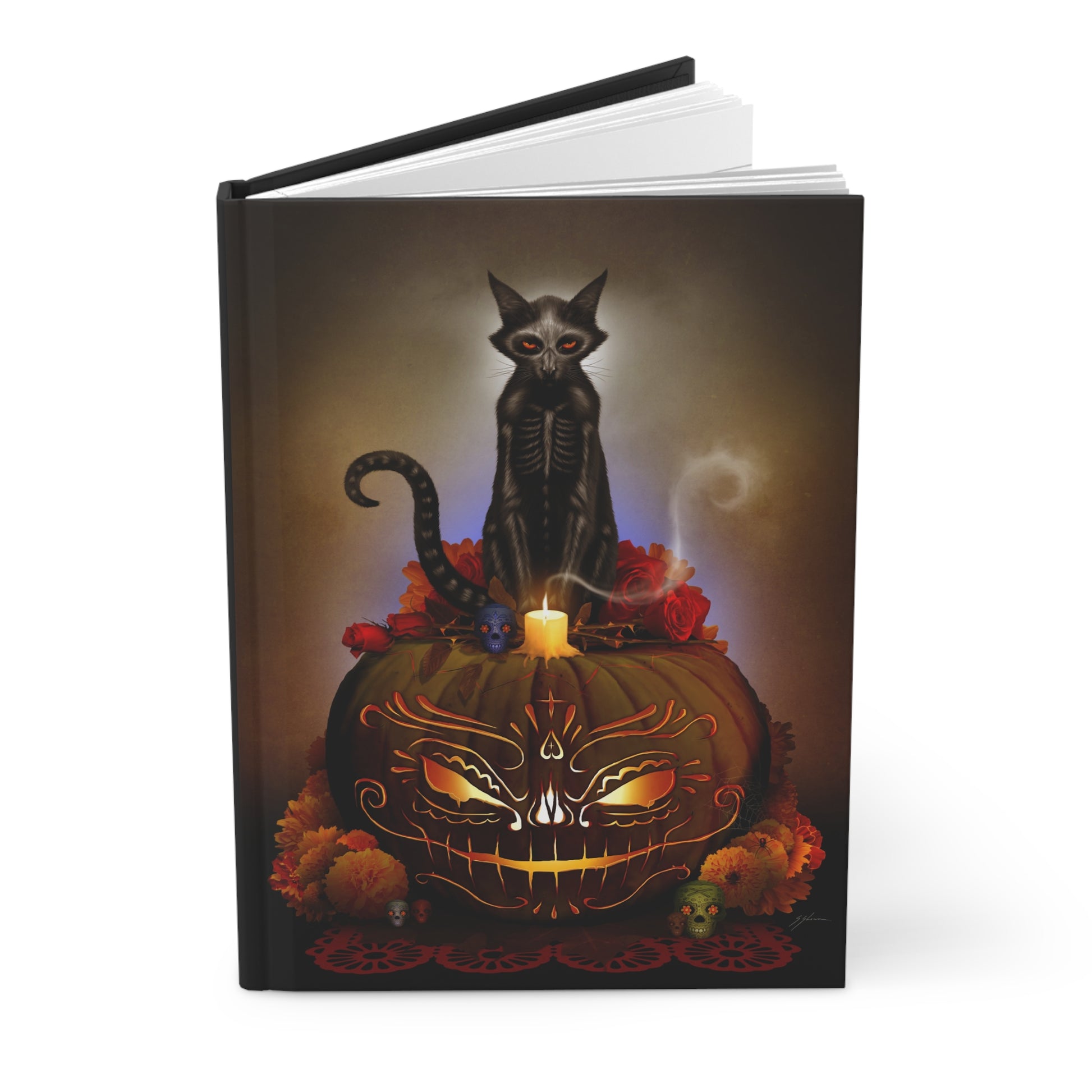 Día De Los Meowtos hardcover journal front cover — Day of the Dead dark art by Mister Sam Shearon