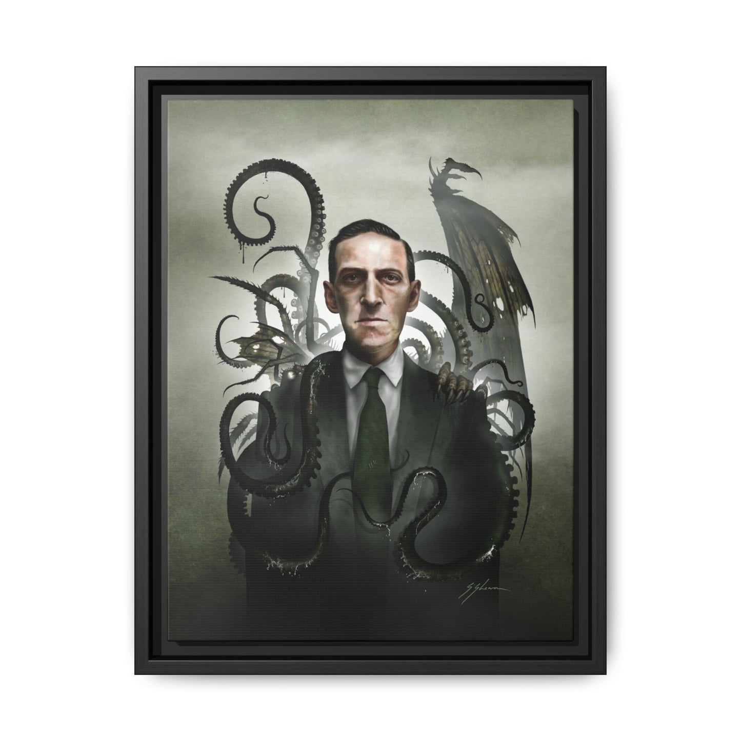 H.P. Lovecraft framed canvas print — original cosmic horror dark art portrait by Mister Sam Shearon