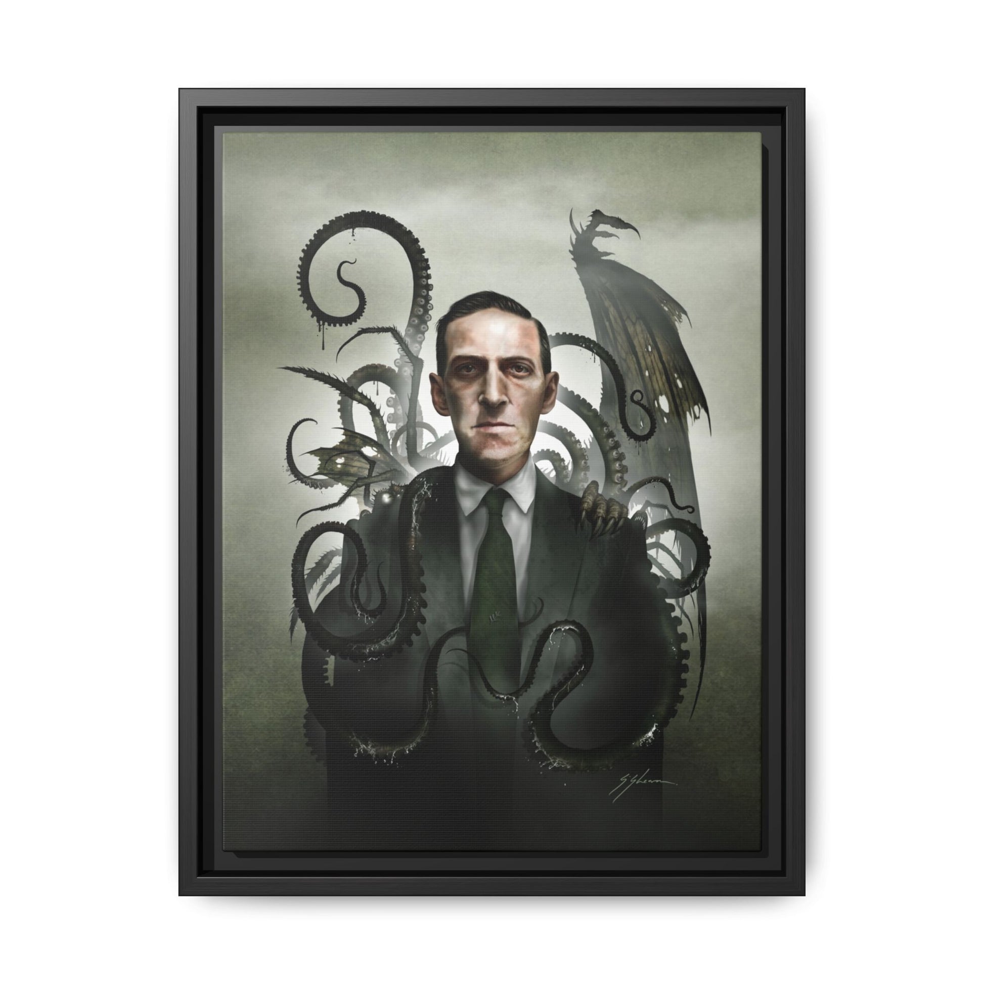 H.P. Lovecraft framed canvas print — original cosmic horror dark art portrait by Mister Sam Shearon