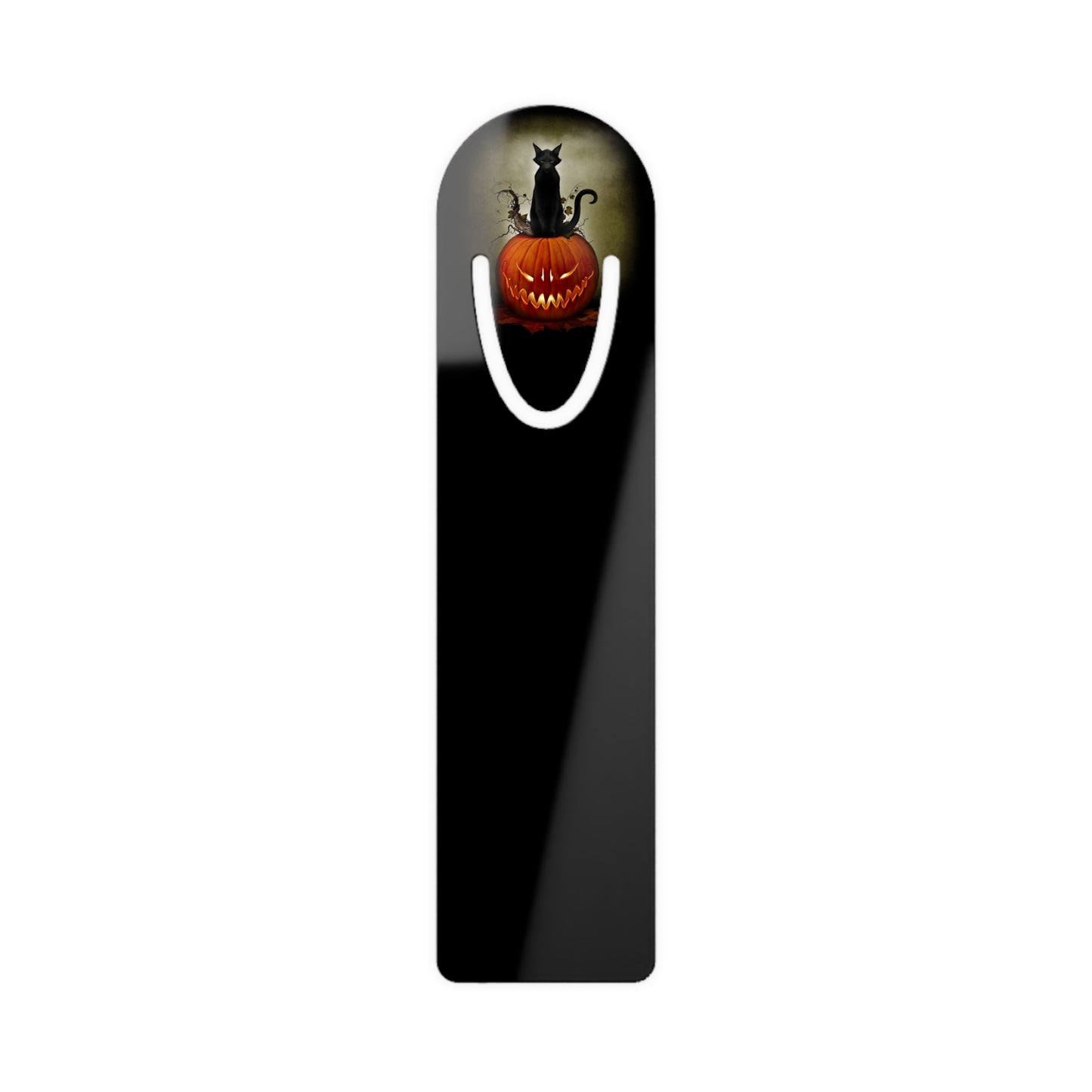 Cat O' Lantern aluminum bookmark front — gothic Halloween art collectible by Mister Sam Shearon