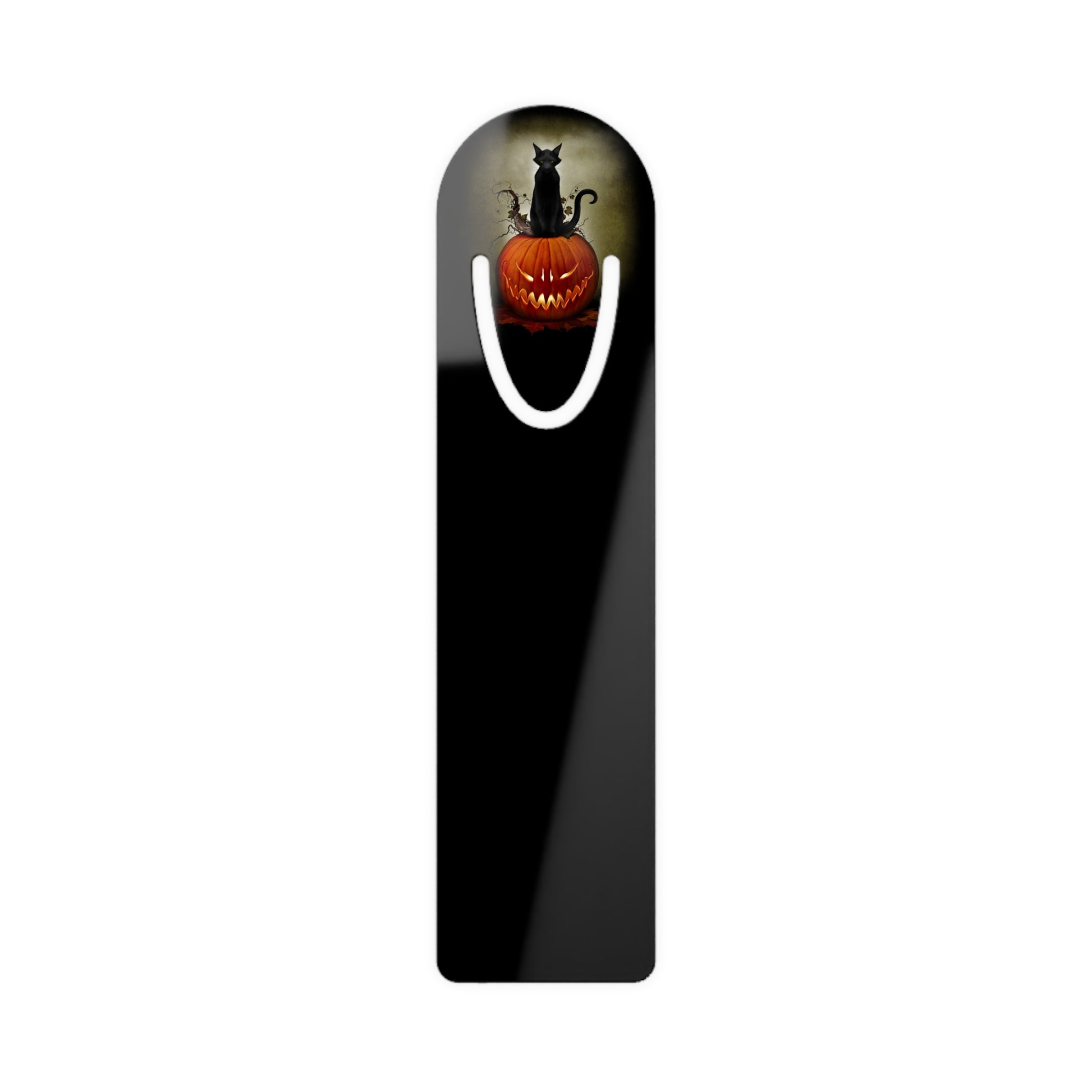 Cat O' Lantern aluminum bookmark front — gothic Halloween art collectible by Mister Sam Shearon