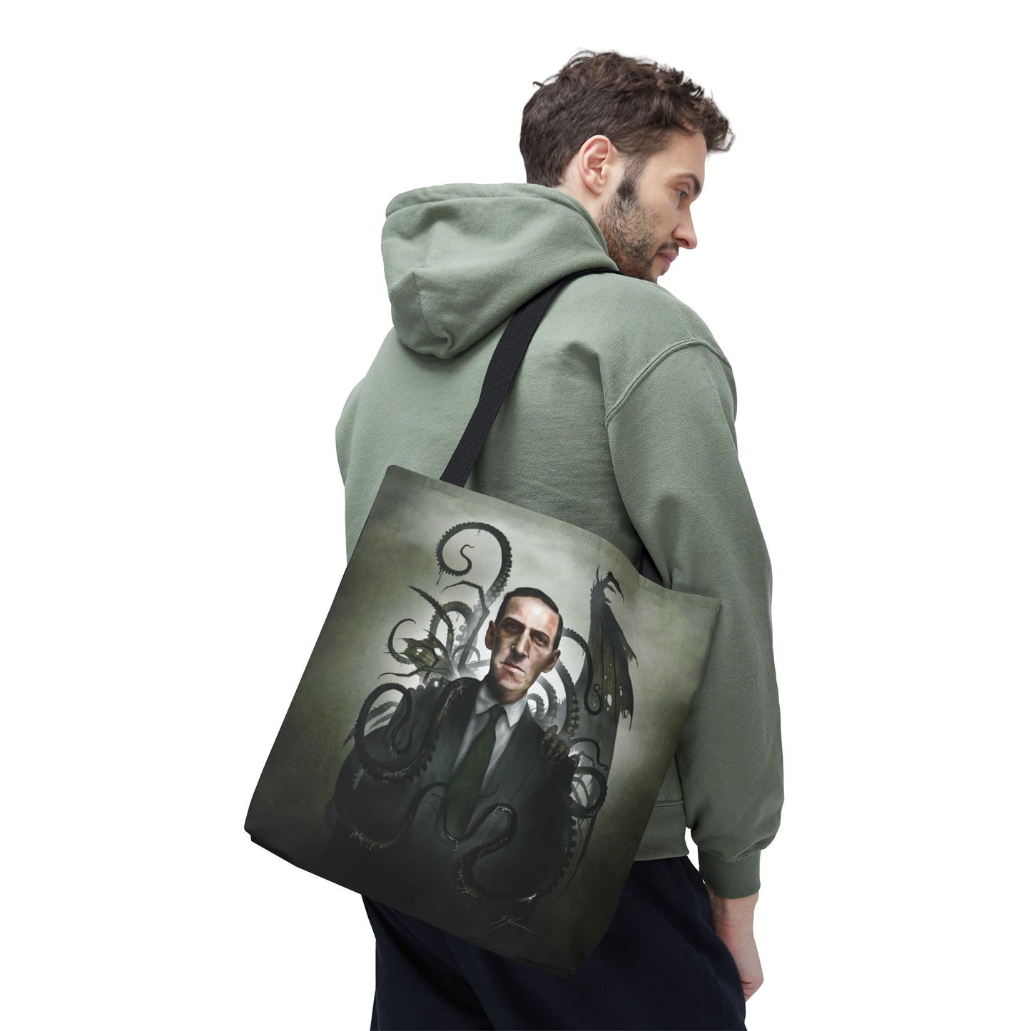 H.P. Lovecraft AOP tote bag front — Cthulhu eldritch horror dark art by Mister Sam Shearon