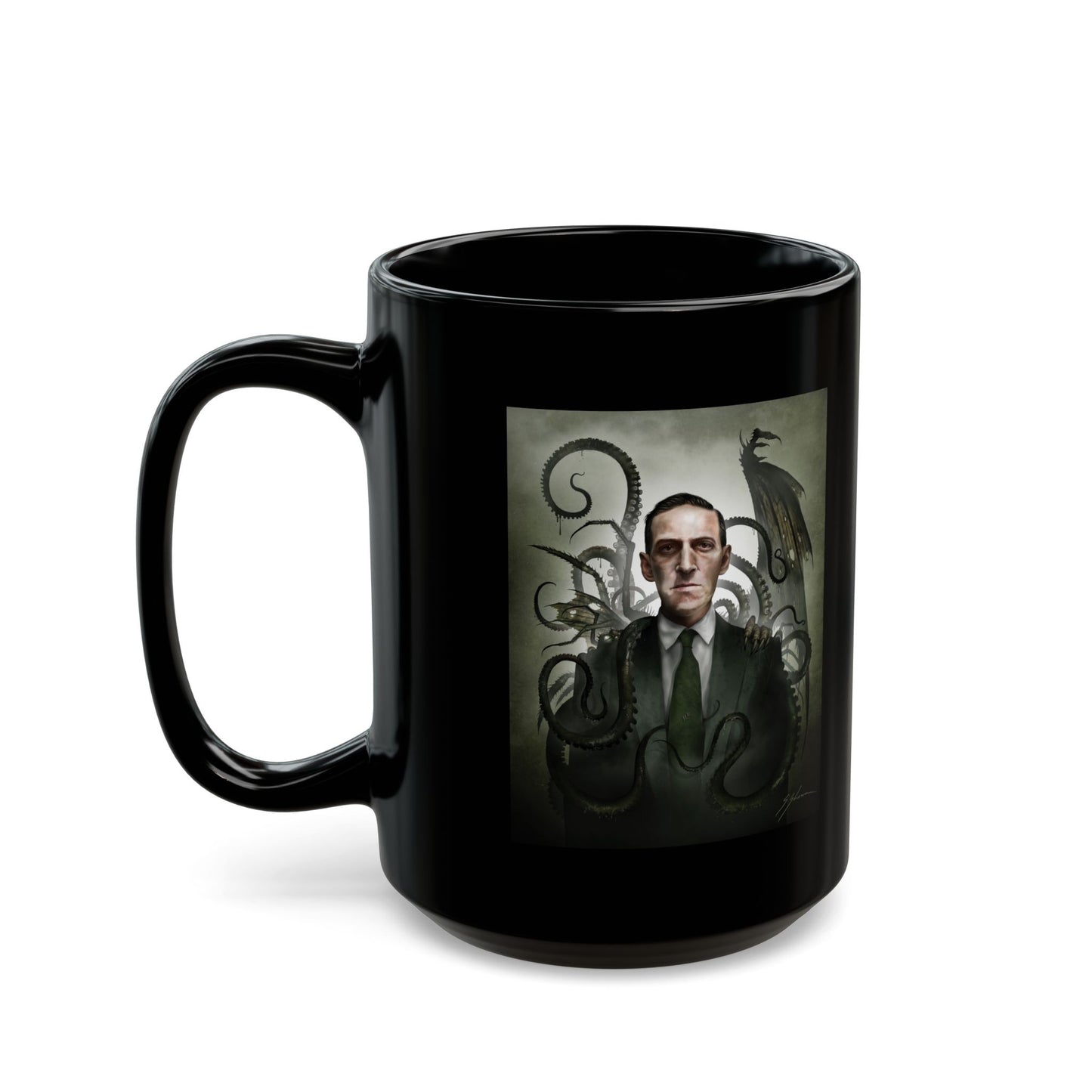 H.P. Lovecraft black mug front view — Cthulhu eldritch horror dark art by Mister Sam Shearon