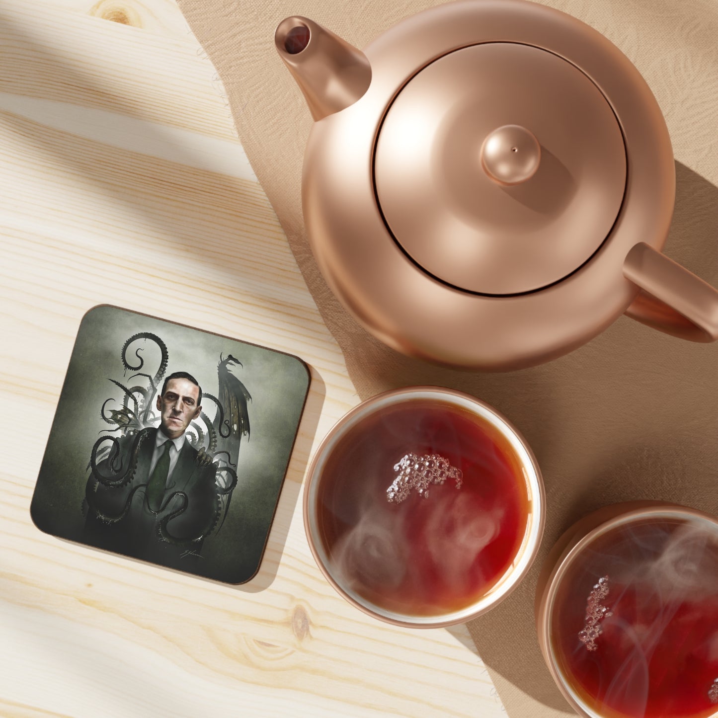 H.P. Lovecraft coaster flat lay — Lovecraftian horror dark art by Mister Sam Shearon