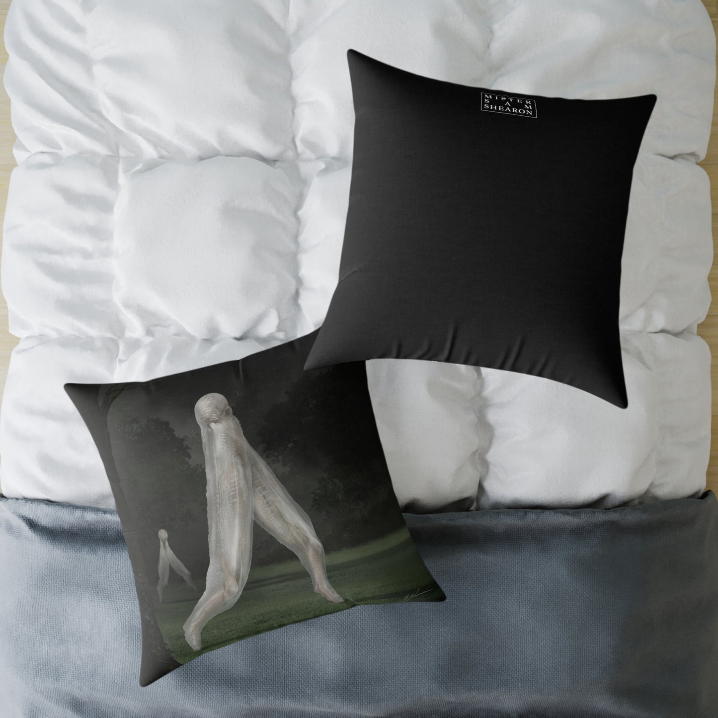 Nightcrawler square canvas pillow by Mister Sam Shearon — dark art, cryptid, creepypasta, paranormal, horror, human-made, non-AI. 
