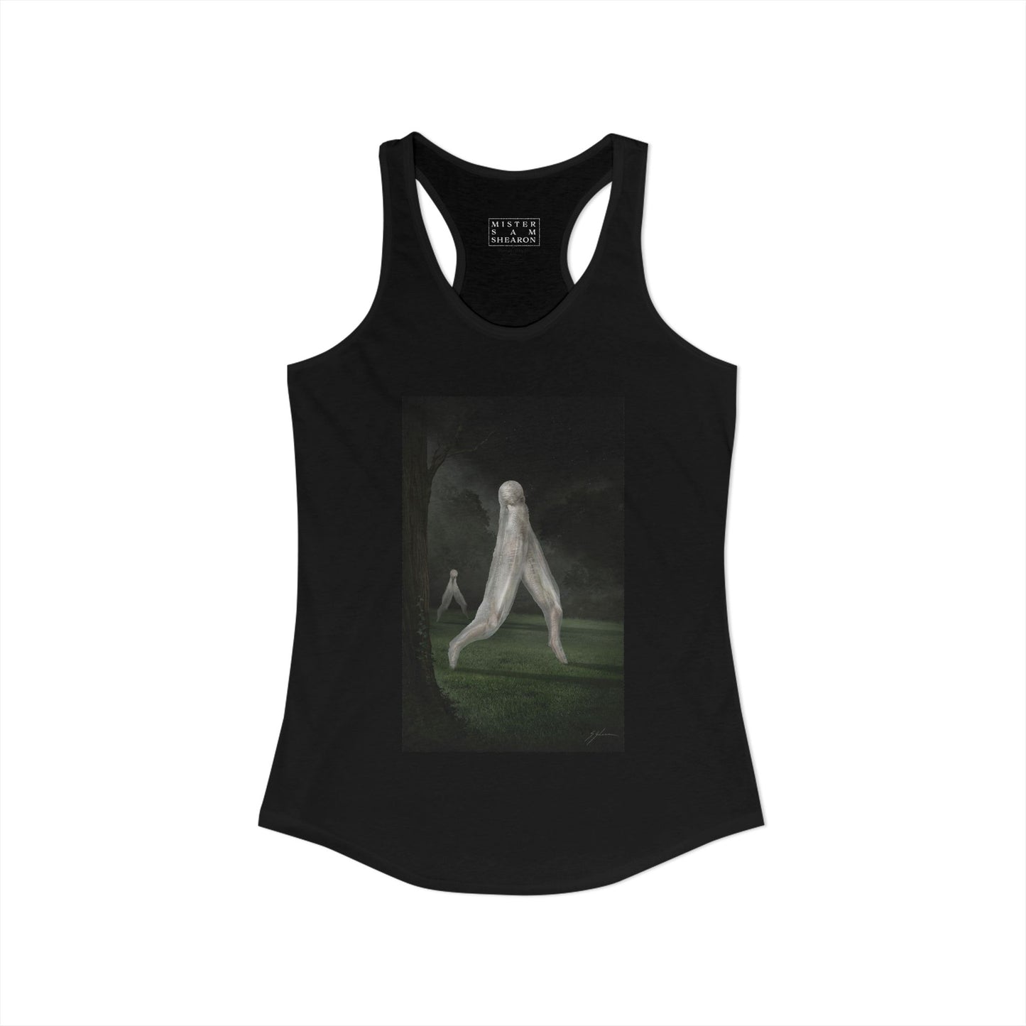 Nightcrawler women's racerback tank by Mister Sam Shearon — dark art, cryptid, creepypasta, paranormal, horror, human-made, non-AI.