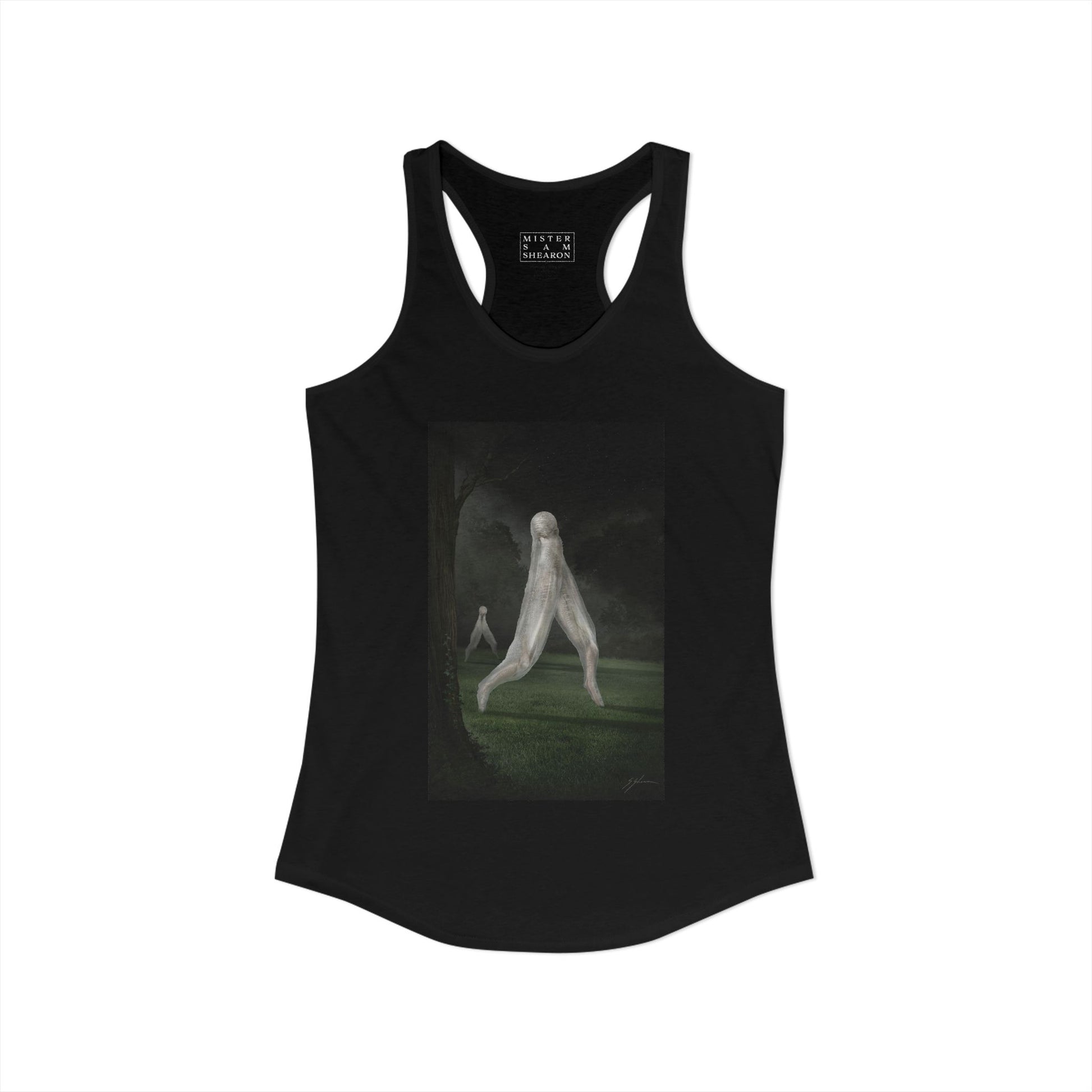 Nightcrawler women's racerback tank by Mister Sam Shearon — dark art, cryptid, creepypasta, paranormal, horror, human-made, non-AI.