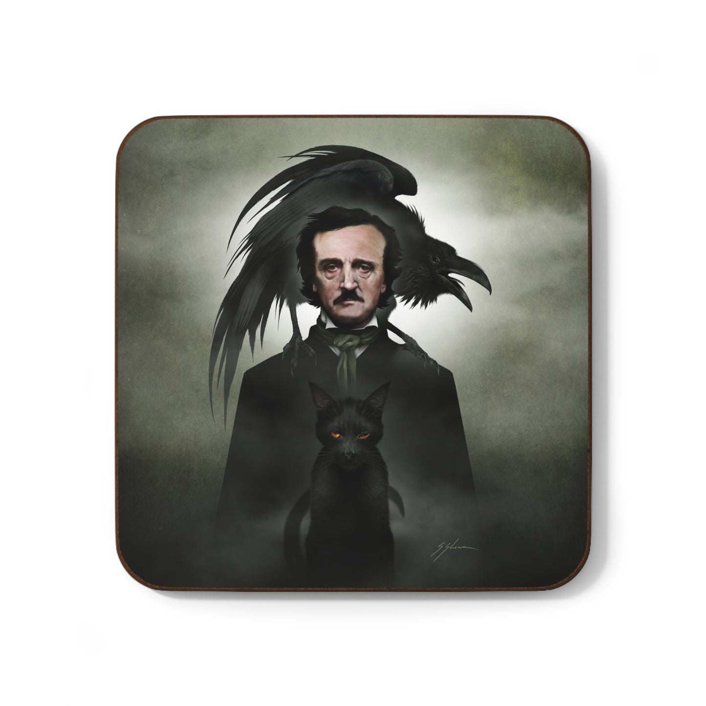 Edgar Allan Poe coaster top view — Victorian horror dark art by Mister Sam Shearon