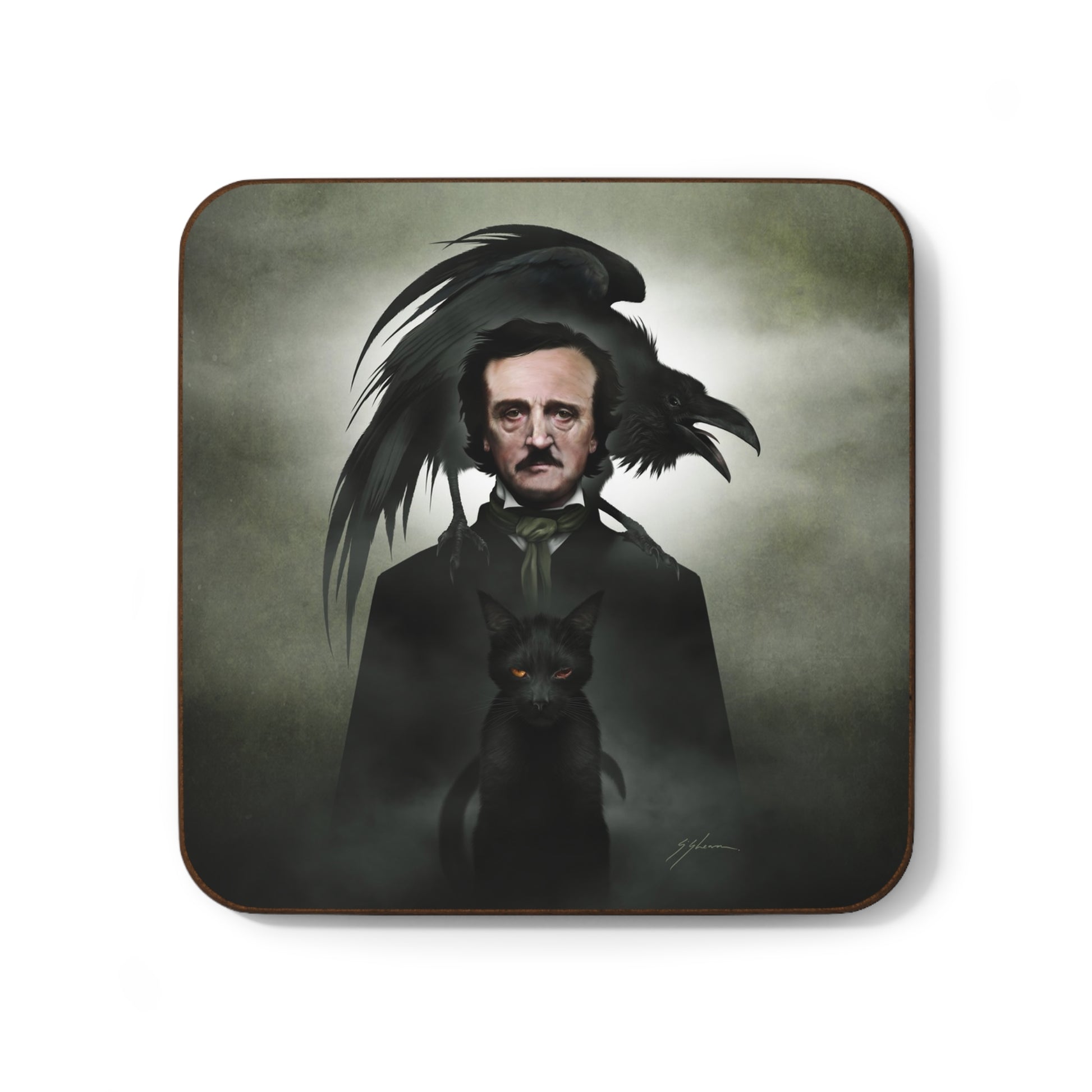 Edgar Allan Poe coaster top view — Victorian horror dark art by Mister Sam Shearon