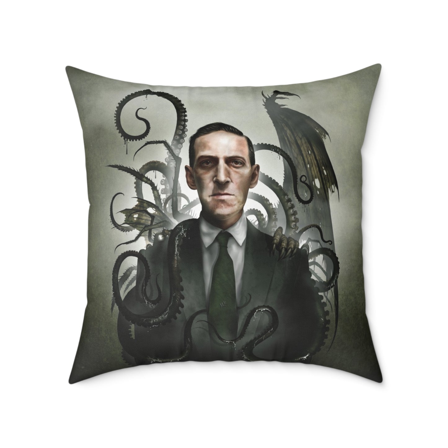 H.P. Lovecraft square canvas pillow by Mister Sam Shearon — Cthulhu cosmic horror gothic dark art, eldritch horror, human-made, non-AI. 