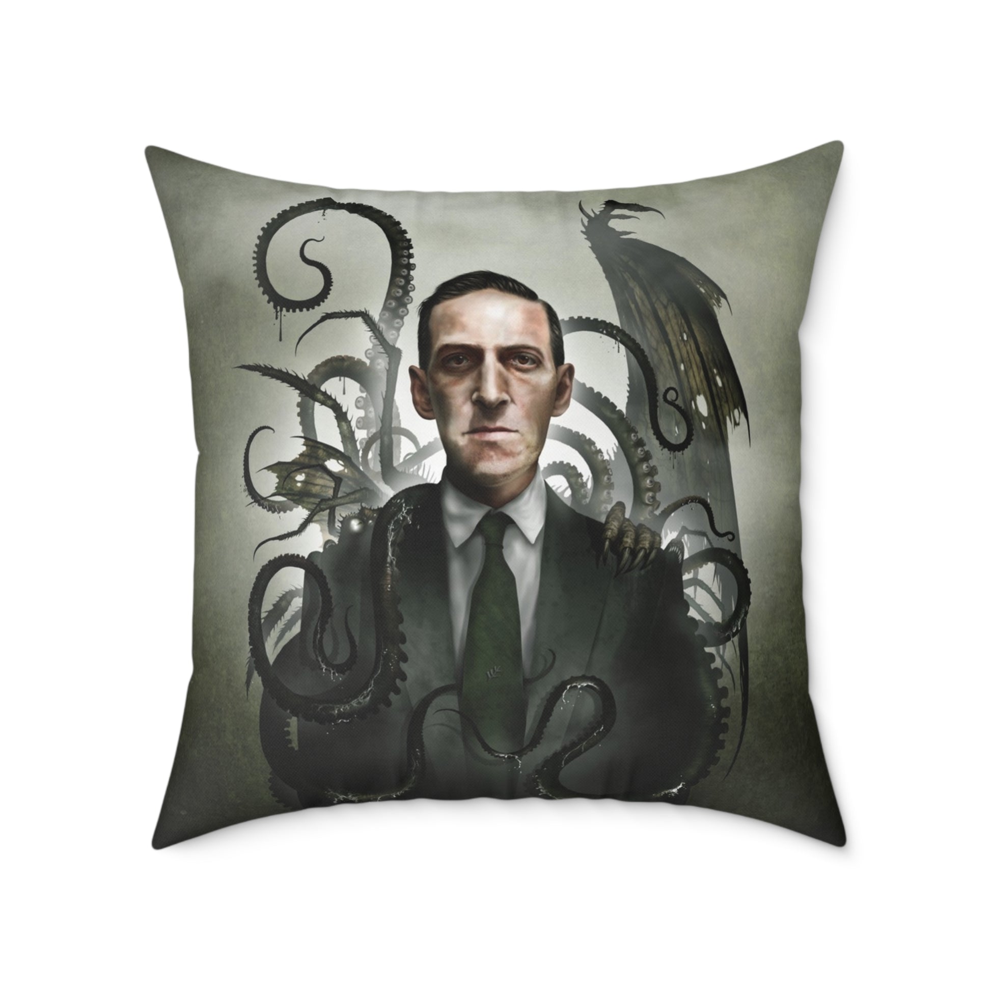 H.P. Lovecraft square canvas pillow by Mister Sam Shearon — Cthulhu cosmic horror gothic dark art, eldritch horror, human-made, non-AI. 