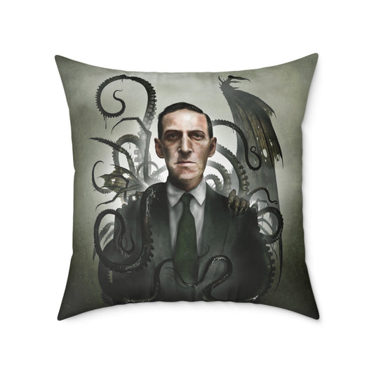 H.P. Lovecraft square canvas pillow by Mister Sam Shearon — Cthulhu cosmic horror gothic dark art, eldritch horror, human-made, non-AI. 