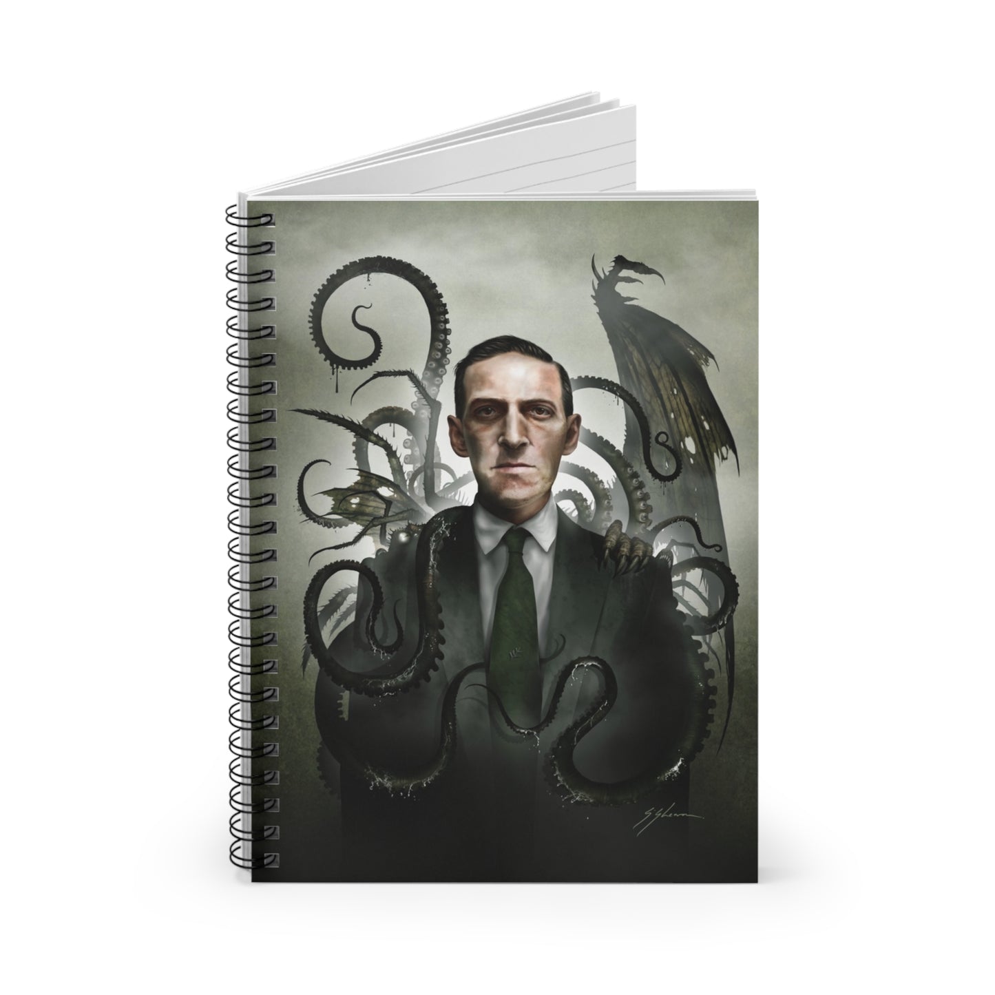 H.P. Lovecraft ruled notebook front cover — Cthulhu eldritch horror dark art by Mister Sam Shearon