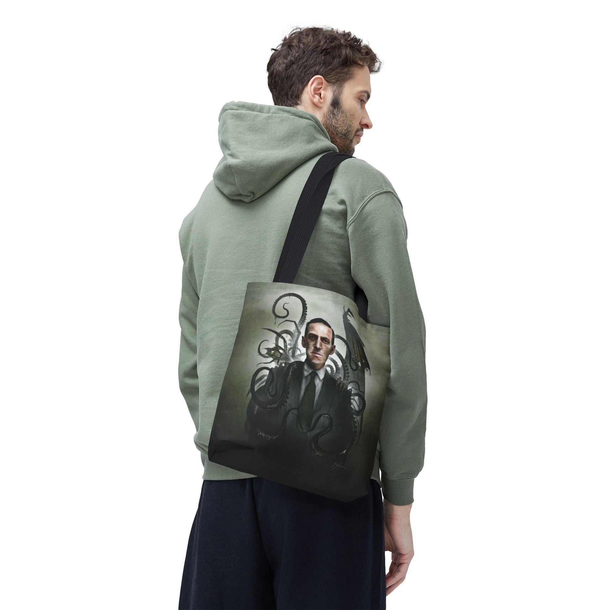 H.P. Lovecraft tote bag detail — Lovecraftian horror all-over print by Mister Sam Shearon
