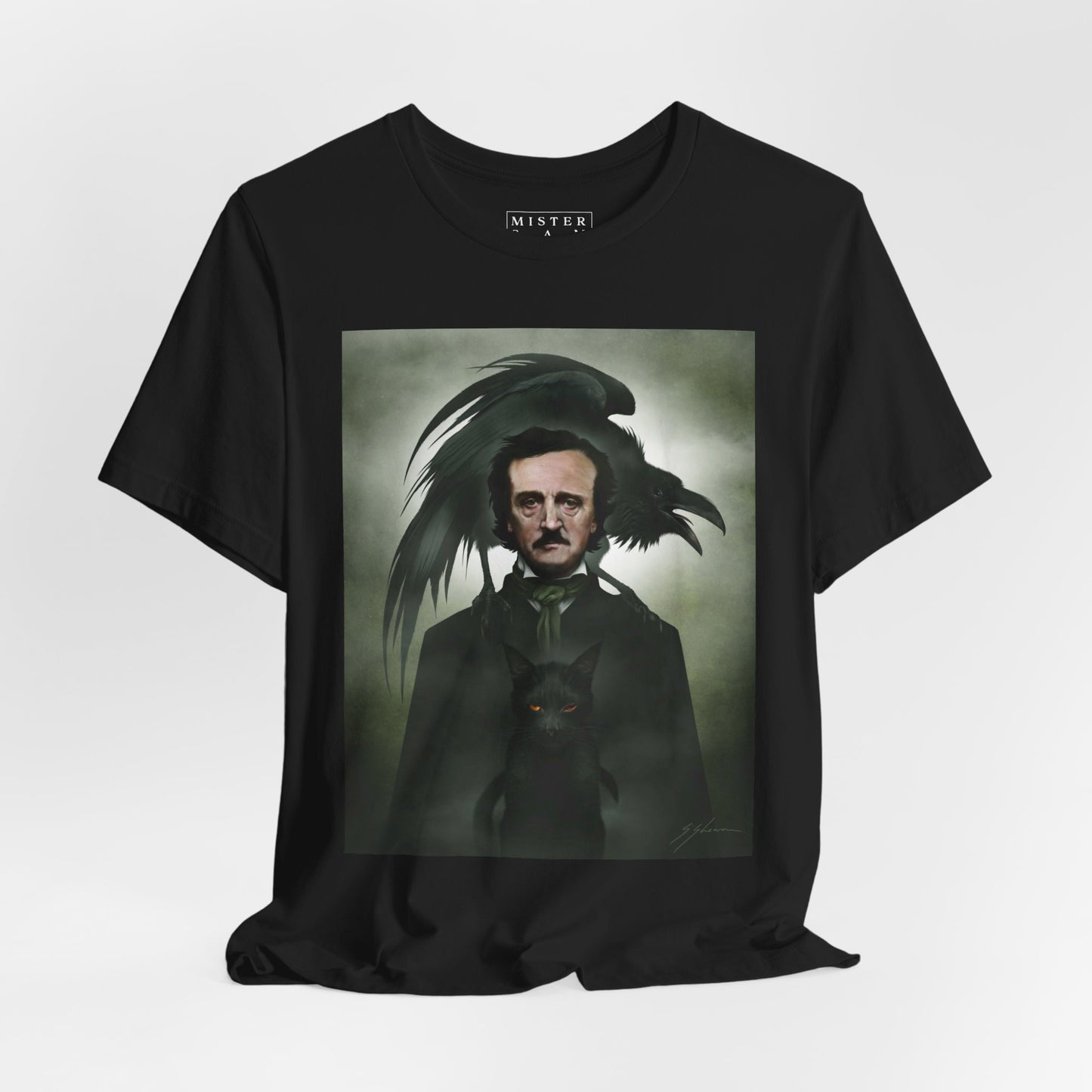 Edgar Allan Poe t-shirt flat lay — The Raven dark art tee by Mister Sam Shearon