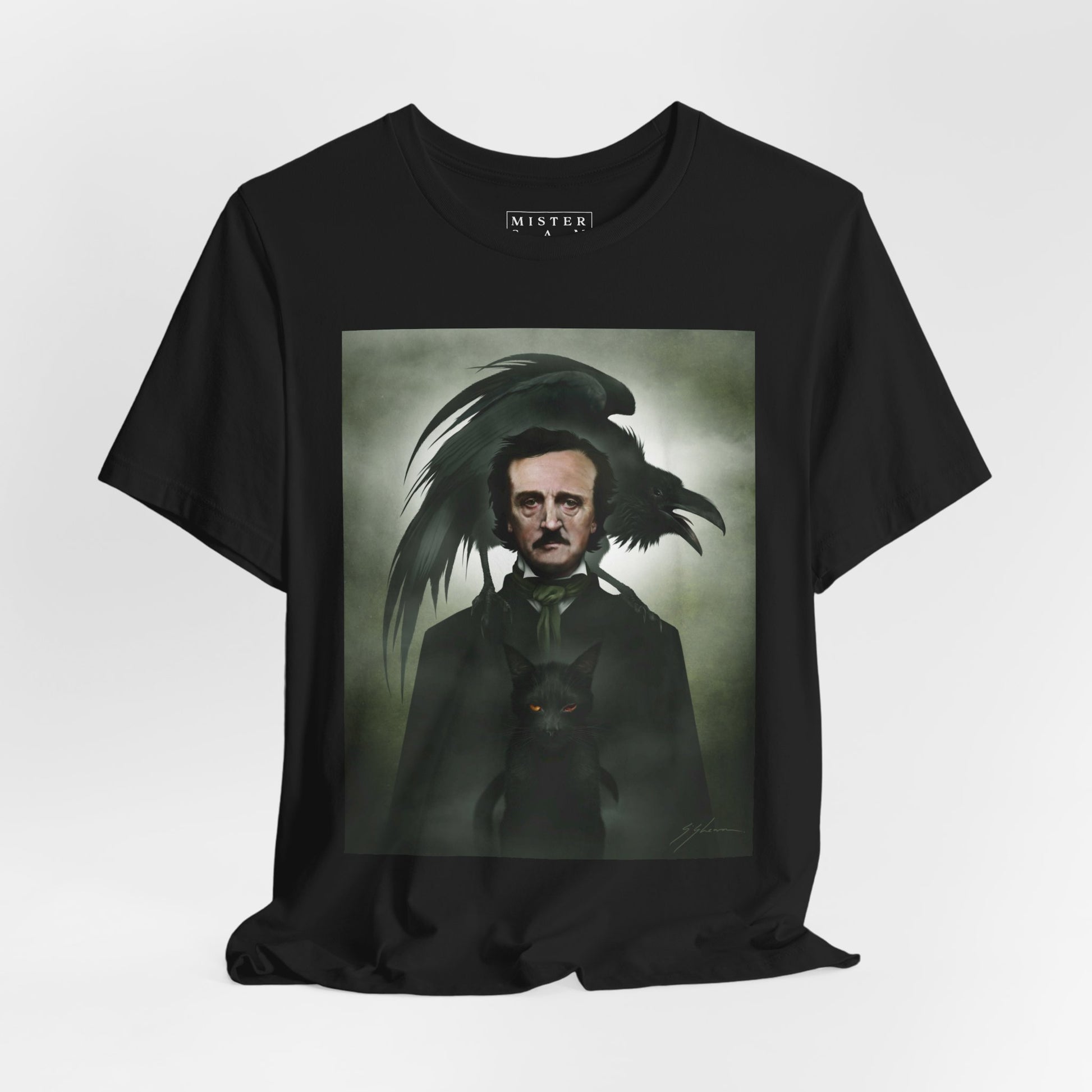 Edgar Allan Poe t-shirt flat lay — The Raven dark art tee by Mister Sam Shearon
