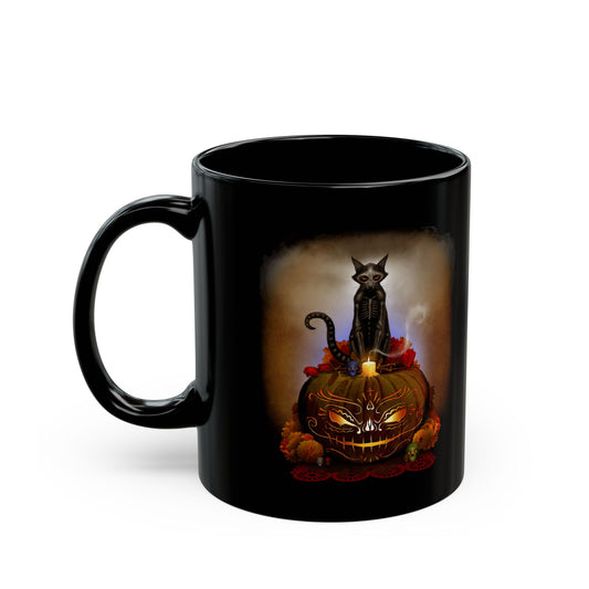 Día De Los Meowtos black mug 11oz — Day of the Dead dark art by Mister Sam Shearon