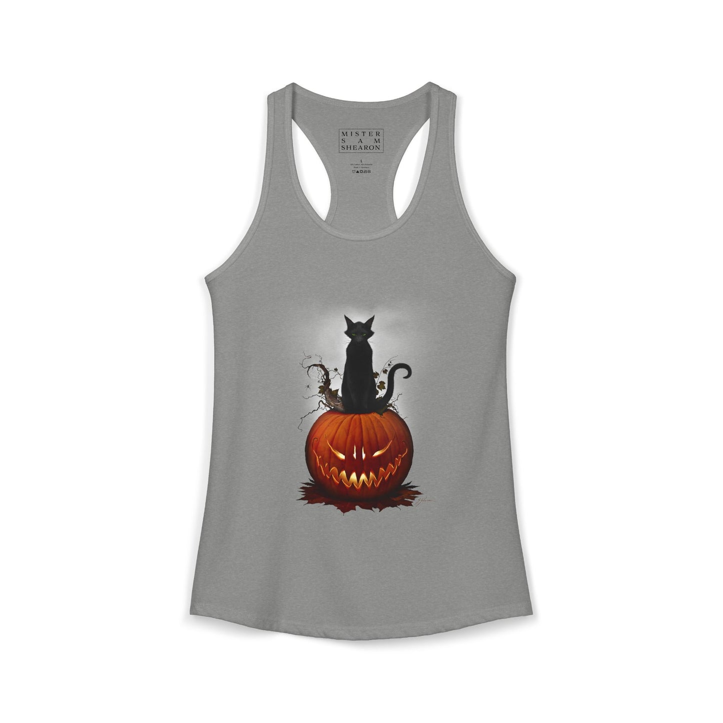 Cat O' Lantern racerback tank black — black cat and jack-o-lantern artwork by Mister Sam Shearon