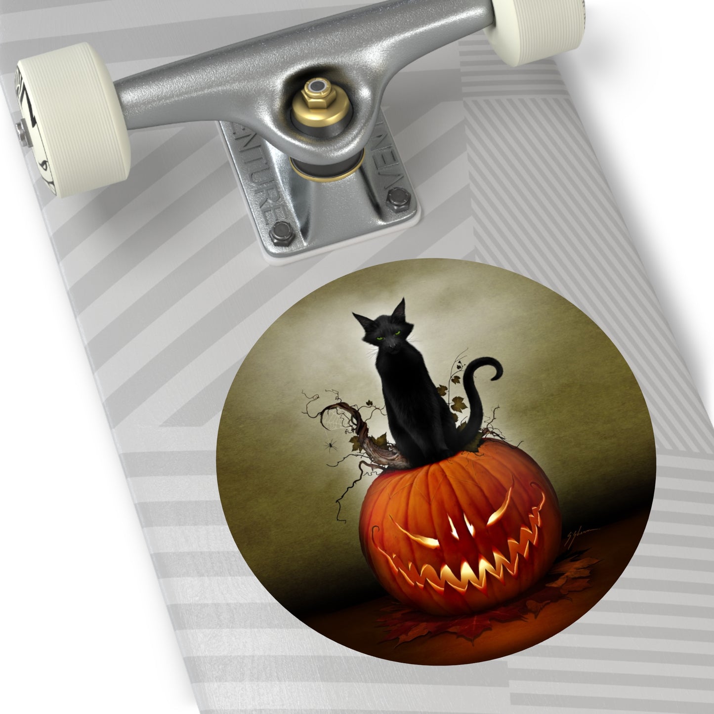 Cat O' Lantern round sticker — Mister Sam Shearon Halloween dark art, matte finish