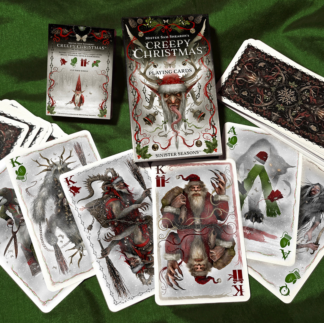 Large and regular Creepy Christmas card boxes with large cards spread out