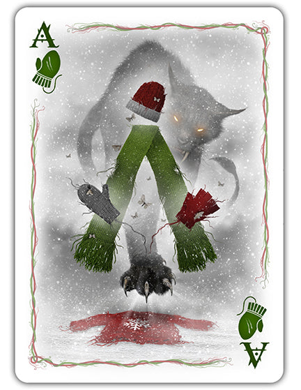 Yule Cat Ace of Woolens playing card, Creepy Christmas folklore art